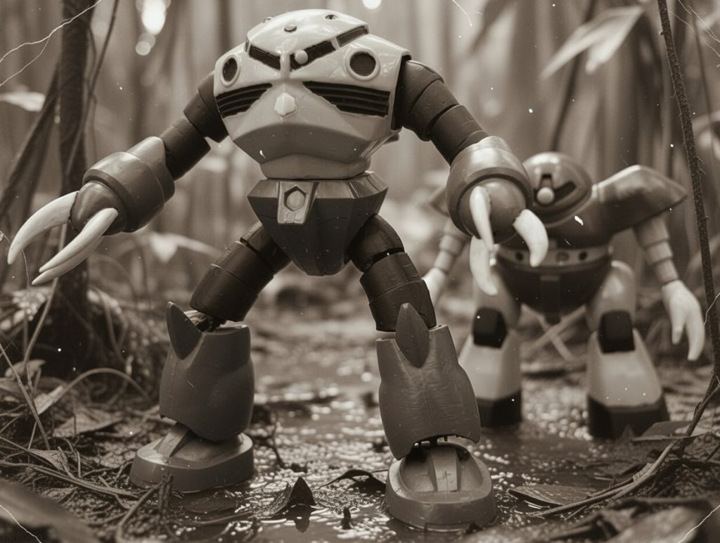 ジャングルの湿地帯を進むズゴックとゴッグ。