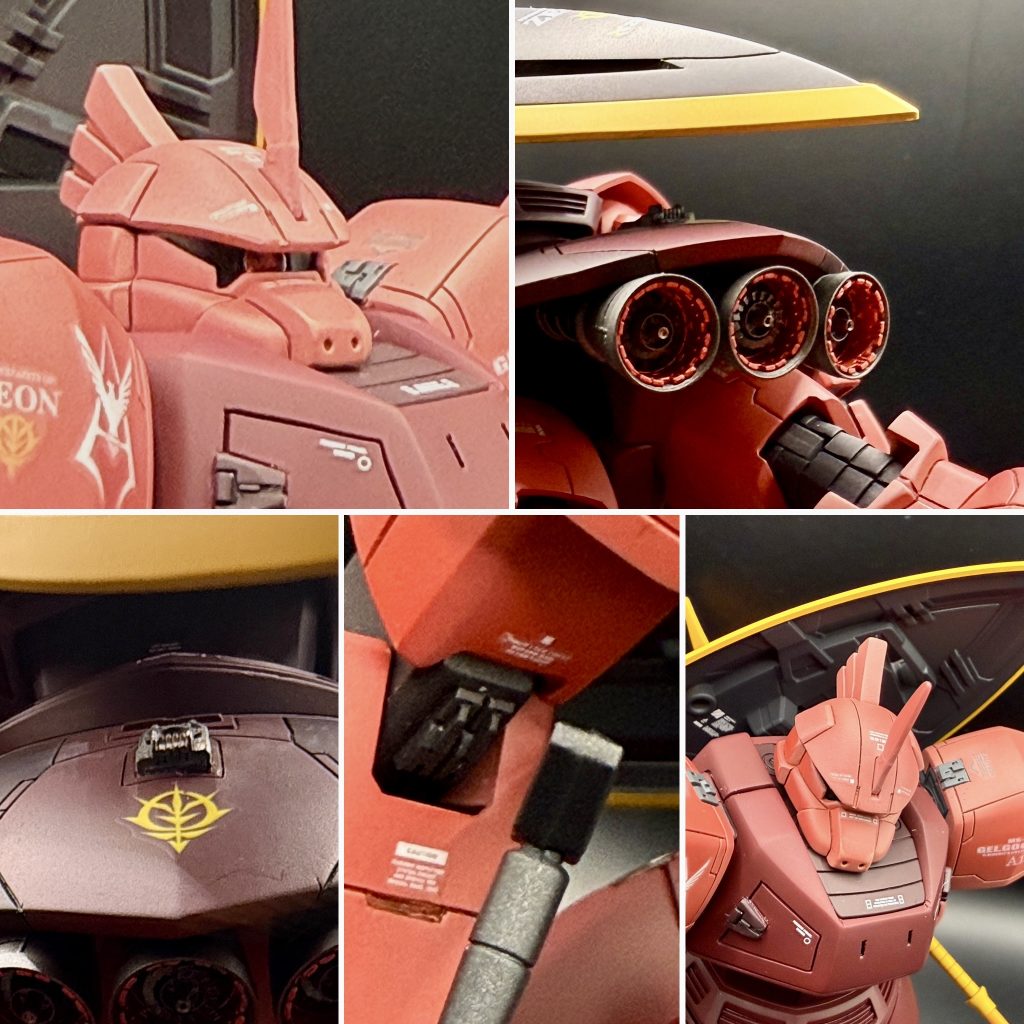 モノアイは光を拾いやすいスワロフスキーに変更バーニアはアスパラ模型さんやPLAISM FACTORYさんのパーツに換装していますディテールアップパーツは、肩や胸、肘、腰にそれぞれ貼り付けてみました