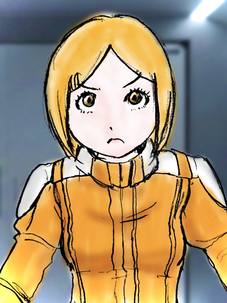 　コンパートメントのドアの前では、パイロット用のノーマルスーツを着込んだチタが、その小さな体を目一杯大きく見せるような格好で立ちはだかっている。「どけ。」「嫌です。」「どけ、女に手荒なことはしたくない。」「今まで散々、あなたはキョウに手荒だった。」「紳士的に対応してきたつもりだが。」「その気のない相手を口説き続けて、土足で心に踏み入ろうとすることが、手荒な真似ではないとでも？」「今はそんなことを言っているときじゃないだろうが！」細い二の腕をぐっと掴むと、その場から押しのけ、ドアを開ける。案の定、中には抜群に冴えた顔色の、キョウ・ミヤギが立っていた。既に、青いノーマルスーツに身を包み、その意識を戦場に向けているように見えた。「……ヘント・ミューラーはどこにいる。」アランは、不意に閃き、そんなことを口にした。「彼は……亡くなりました。」「嘘だな。だったら君の顔色がそんなにいいはずがない。」どういうカラクリかは分からないが、暗殺事件はブライトマンが打った芝居だったか。「まさかと思うが、ドックに行って、機体に乗るつもりじゃあるまいな。」「よくお分かりで。」「バカか。」アランは、持っていた拳銃をミヤギに向ける。「EFMPの連中が護送中だったな。そこで反乱でも起こしているのか？エゥーゴの、シャアの演説に乗っかって？」