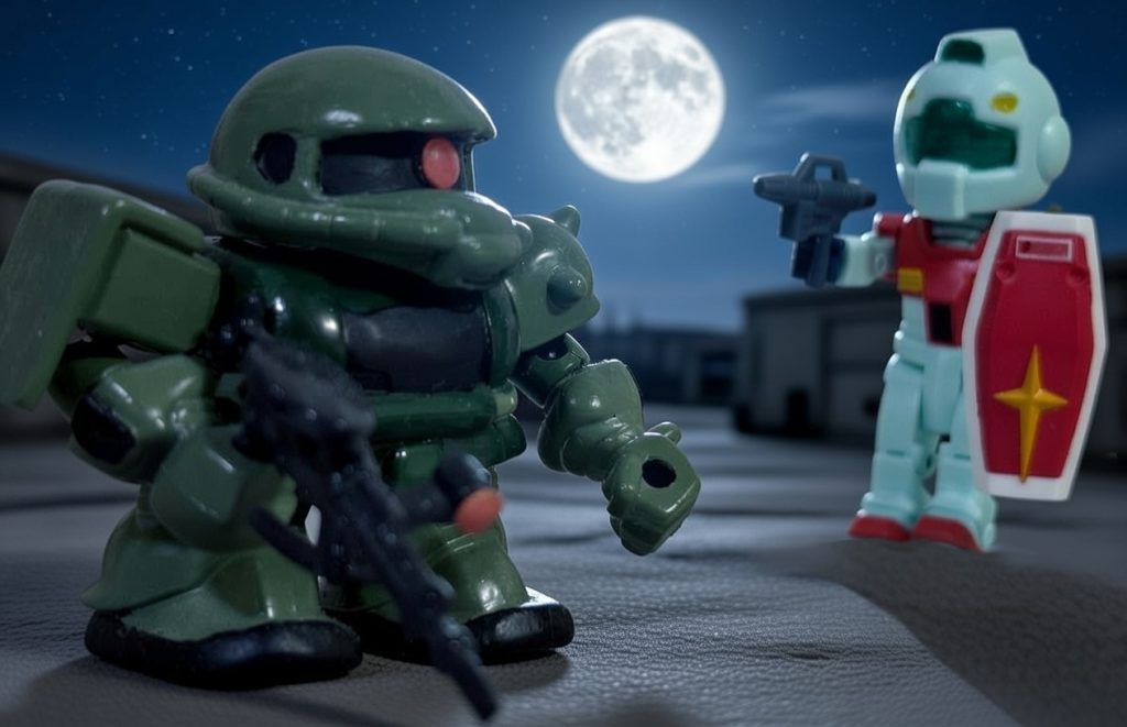 満月を背景に永遠のライバル、ザクと対決。bitlotザクはないので、去年作ったSDザクで代用した(zaku-kao5)