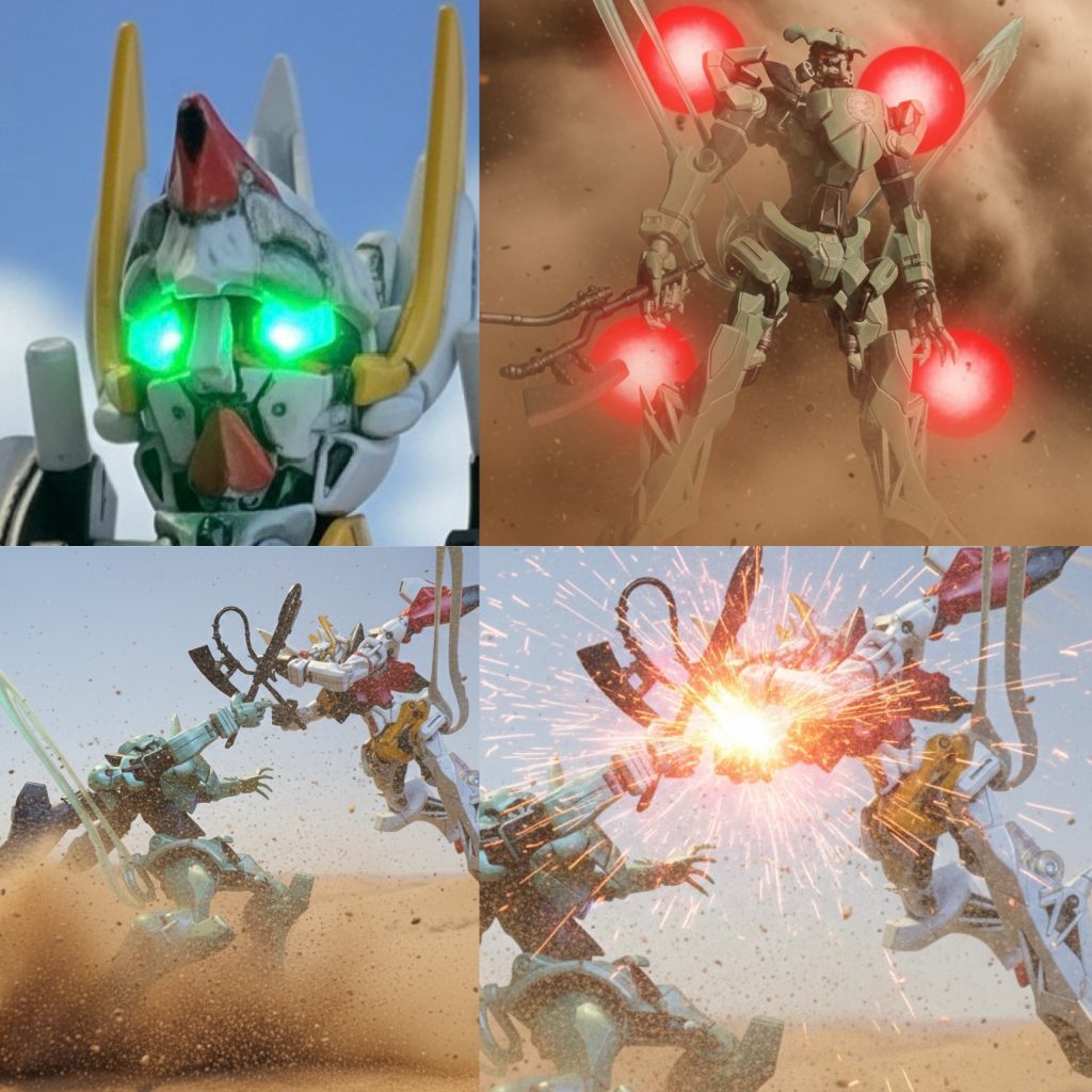 2. 次元安定とヘッドチェンジの衝突Mxの猛攻に、ガンガルは追い詰められていく。マウロは、ケンのわずかな隙を見逃さない、冷静な判断力で機体を駆動させた。「終わりだ、ケン！」ケンは、マウロの勝利への確信に満ちた一撃を避けきれないと悟った瞬間、禁断の「ヘッドチェンジ」を自らの意思で発動させた。「クイィィィィィン！」ヘッドチェンジしたガンガルが斧とドリルでMxの胸部に傷をつける。だが、徐々にガンガルの機体周辺の空間が、高周波の奇妙な唸りを上げ、ねじれ始めた。これは、ホリック共和国軍が恐れ、使用を禁じた不解明の超常現象だった。その時、Mx「我が名はフォロン、レイ！V-MAX発動!!」マウロ「レディ！…っておい」両肩と足の次元安定装置が赤い光を放ち、ねじれ始めた空間を強引にねじ伏せ、静寂を取り戻させた。マウロは、父チムの設計した対ヘッドチェンジ制圧技術によって、ケンの切り札を封じた。