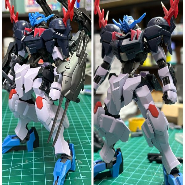 ↑というのは冗談で俺ガンでミキシングされたのを預かり制作代行を開始脚部:彫って情報量増してシャープに頭部:肩:シャープに腰:シリンダー、延長大まかなスタイルはこれで完成、腕と他もう少し全体的なバランス見て調整しようかと思います。（6枚目）