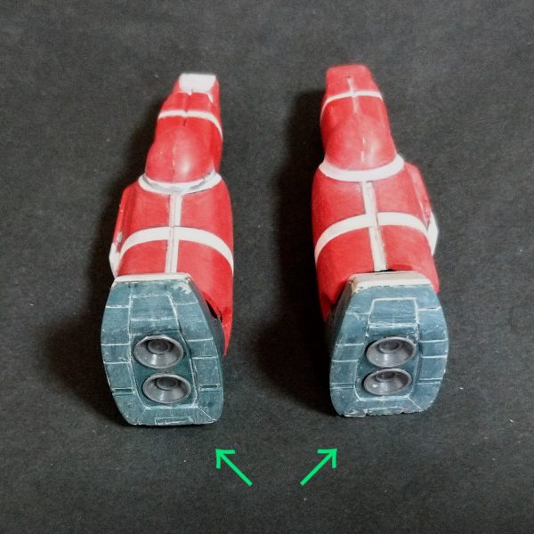 ガンキャノン脚部加工続きです！ひとまず完成です🤣スジ彫りは全体の加工が終わり次第になります🙏足の長さはこれで良いとは思いますが、全体のバランスを見て、股関節接続部の今回追加した可動部にプラ板を挟む事で伸ばせる余裕があるので、その時は伸ばします！２枚目の画像は、普段手を抜く足裏を彫り直して市販のバーニアを追加してみました🤣胴体編へ続く🙏（2枚目）