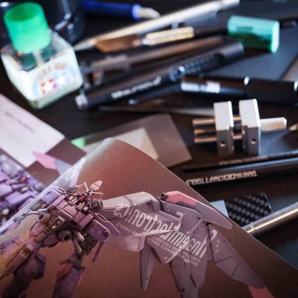 サイコガンダムでもマークIIでもGQ版でもなく、ソロモンエクスプレスの無人機。悪魔的な巨大感とヒト型を外したプロポーションがとても良い。設定画とガレキと作例を比較しながら1番好みな電ホビ表紙の例のアレを基準に。旧キットを切り刻んで、他キットからパーツ流用し、プラ板の箱組みとパテ盛りで何とかシルエットは出来てきました。一気に進めたので途中画像がほとんど無く黒サフ。まだ自立出来ないので床に並べて撮影。元の1/300旧キット仮組みを載せておきます。（7枚目）