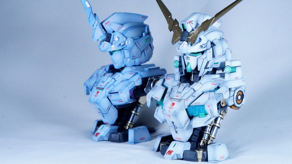 最後までご覧いただき、ありがとうございました。ユニコーンモードとは表面の仕上げを変えたことで違いは出せたかと思います。こちらの方が普通、なんですが…。(gundam-kao5)でも、楽しんでみていただける方がおられましたら、うれしい限りです。(gandam-hand1)ガンプラでないものも含みますが、コンスタントに制作、投稿できている今の状態を継続できるように頑張ってまいりますので、またご覧いただけると幸いです。リック・ドム（GQ）は塗装の段階に入りました。最近は寒いですが、雨が少ないので塗装が捗ります。そう遠くない時期に投稿できるように精進してまいります！(gundam-kao2)