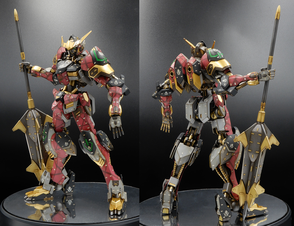 塗装・下地 / グレー部：水性サフ グレー・基本色：水性ガンダムカラー ルナマリアピンク + 水性ホビーカラー マホガニー　（タミヤ1mm/2mmマステで幾何迷彩）・ダークグレー部：水性サフ グレー+ブラック・ゴールド部：水性ホビーカラー スーパーファインゴールド・ツインアイ / 発光部：水性ホビーカラー 蛍光グリーン・メカ部：水性ホビーカラー 焼鉄色 / タミヤアクリル ゴールドリーフ・シリンダーチューブ部 / メイスブレード部：ダイソー アルミテープ・外装裏側：ダイソー アクリルマーカー メタルブラック・マーキング：自作鉄火団マークデカール（スタンピングリーフ +クリアデカール）・ホワイトドット：ハセガワ フィニッシングシート・ウェザリング：リアルタッチマーカー / ウェザリングマスター
