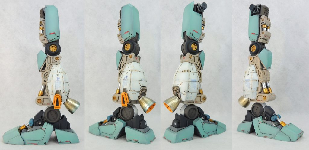 ■左脚部　左脚部は、外装のほとんどを取り払って内部メカを露出させました。足首のノズル周辺はイドラのエッチングパーツとタミヤのパイピングケーブルでディティールを追加しています。外装がレッドのデカールを多用しているのに対し、ふくらはぎにはブルーのデカールを主に使用することで、内部メカと外装工との対比を表現しました。アナハイム・エレクトロニクス社のロゴマークは、1/144ユニコーンガンダム用ガンダムデカールから流用し、足の甲のシリンダーはウェーブの各種改造用パーツから自作しました。内部メカを露出させることによって生じる外装との隙間は、ホビージャパンモデラーズパーツの各種ディティールプレートをカットして塞ぎました。