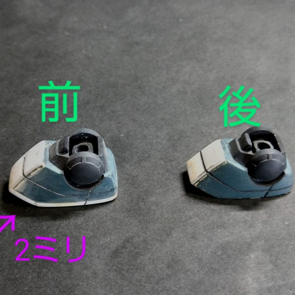 ガンキャノン脚部の加工になります！昔作った物なので、本人もかなりどうやったのか忘れてまして💦塗装を剥がすところからのスタートになります💦①まずは腿から、元々2ミリ伸ばしてたのを1ミリに変更、そして股関節の取付け部を切り離して3ミリプラ棒を付けて可動化しました。②次は脛で元々2ミリ幅を広げてたのはそのままに膝だけ元の幅に、そして青の矢印のとこをプラ板で3ミリ伸ばします。③次は足首で元々2ミリ足裏を嵩上げしてたのを除去し前側プラ板足したのはそのままです。その2へ続く🙏（3枚目）