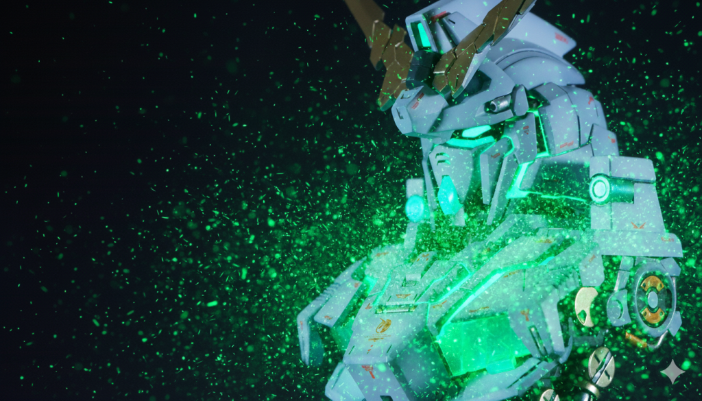 毎度おなじみになってきましたが、AI画像生成のコーナーです。今回はいつもより多めにお届けしたいと思います。こちらはサイコフレームをより発光させて、粒子のようなものが拡散している、サイコシェード？のようなイメージで作ってもらいました。