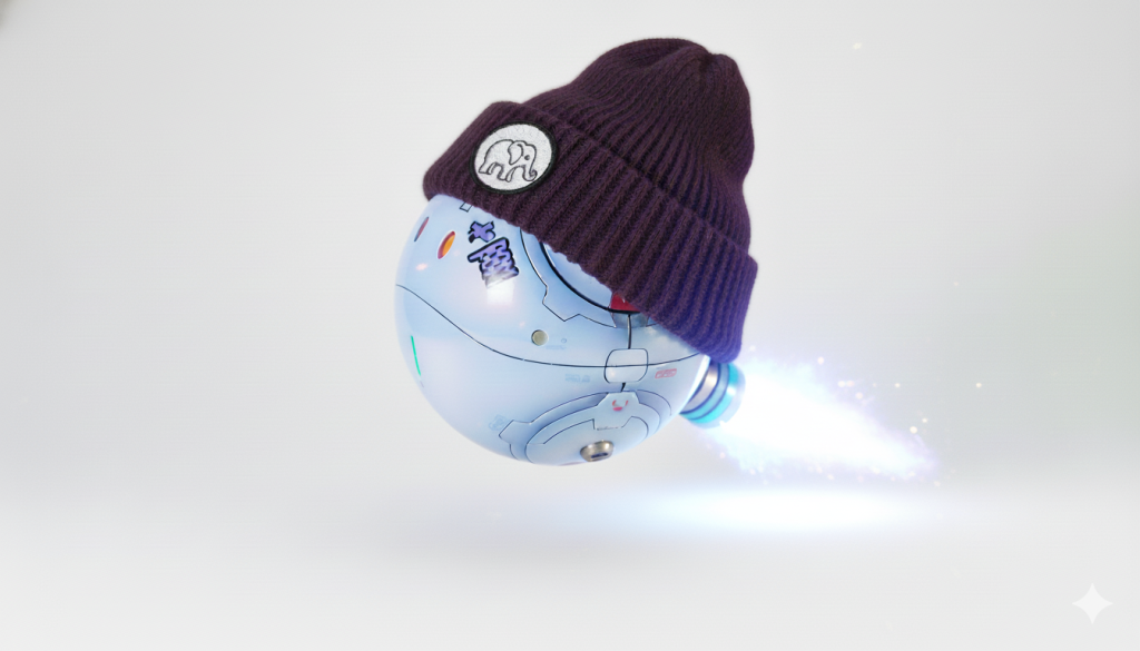 ここからはいつものAI画像生成です。GQuuuuuuXのハロと言えば、これですよね。ちょっとワッペンの柄は適当ですが…。結構リアルな質感のニット帽を簡単に被せてくれるので、本当にAI画像生成はすごいです。(zaku-kao10)ついでにバーニアの噴射も追加してもらいました。