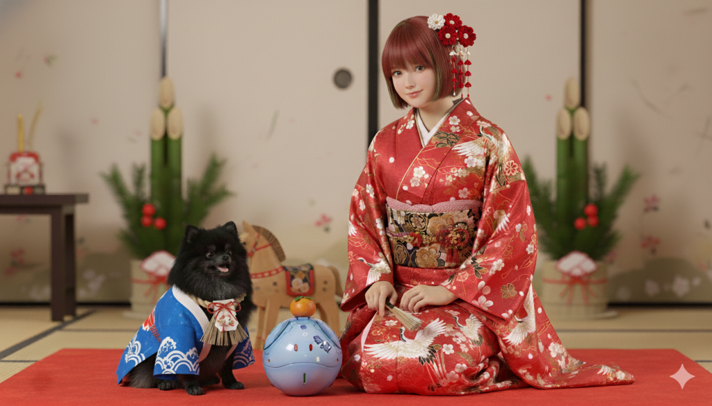 最後は3人でお正月を祝ってもらいました。ハロは鏡餅の代わりという設定です。人物などを流用して違う画像を生成する際の一貫性が最近の画像生成AIは向上してきているので、こういうシーンの変更も簡単にできるのもすごいところですね。(gundam-kao2)ハロの写真は正面のものを使って再生成したので、サイズ感は先ほどと違ってますが…。