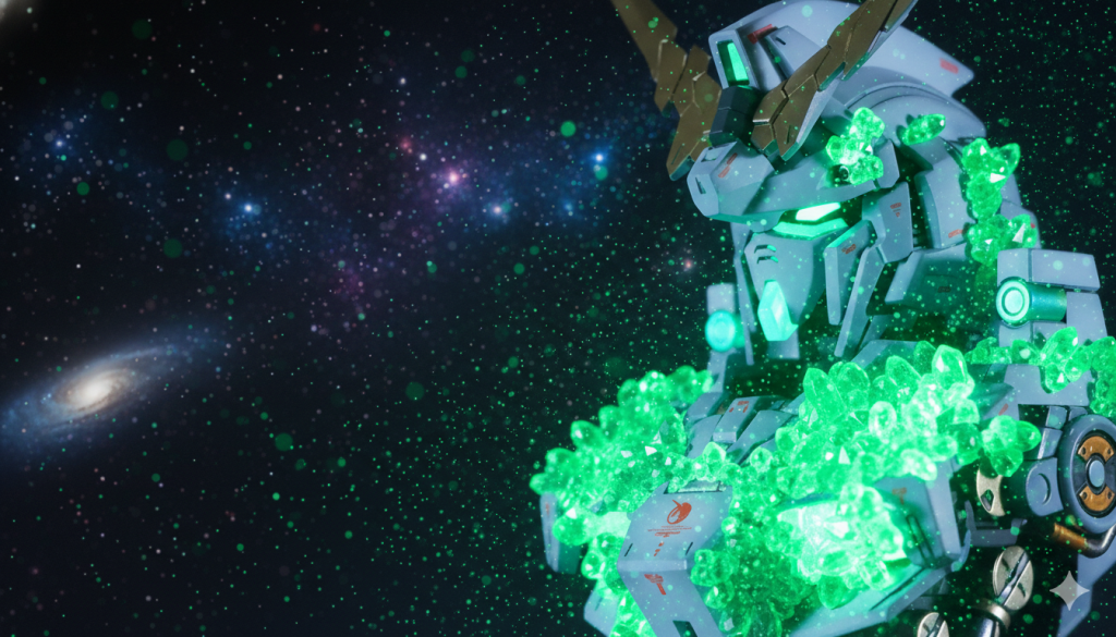 最後に光の結晶体風です。何とかそれっぽくはなりましたが、まだ本来のものとはちょっと違いますね。(zaku-kao10)結晶の形とか大きさとかどれくらい析出しているか、というのを調整するのは難しいので、これ以上は再現できませんでした。