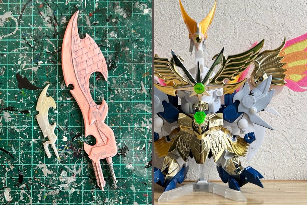 剣はプラ板で自作。本体は首が下を向けるようボールジョイント接続化してます。