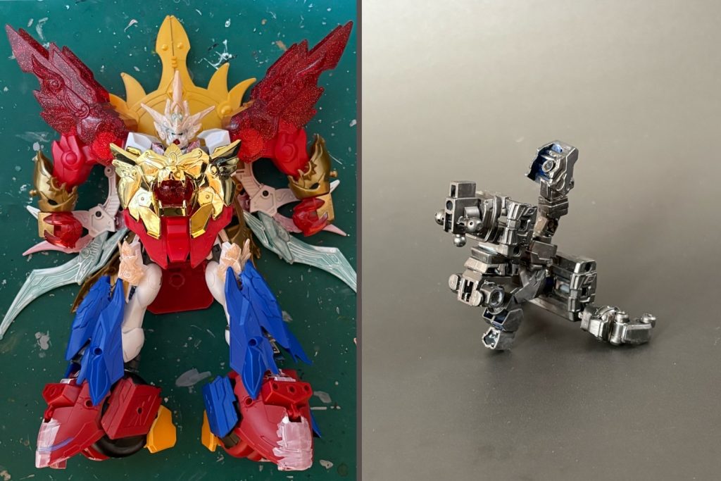 鋼動甲冑の足はSD三国創傑伝のバイク碧竜駆と赤兎馬のパーツで構成画像右のハンガーパーツに外装パーツを取り付けると鉄鋼獅子が再現できます