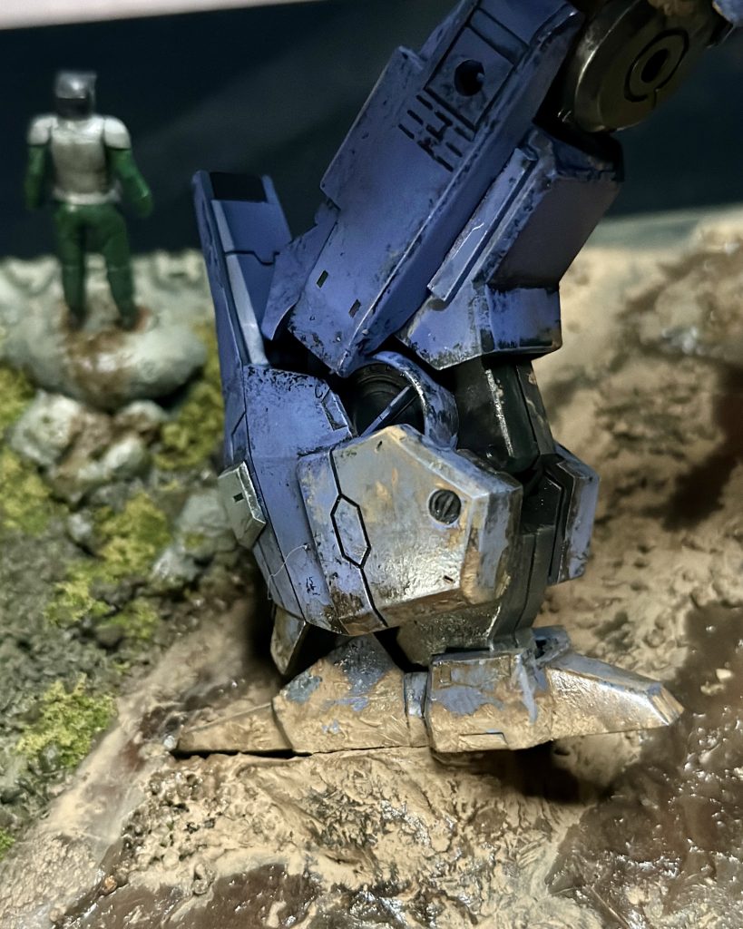 Chipping, mud, and water affects were applied to the feet.