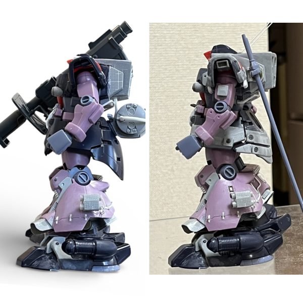 ビフォーアフターです。作品名は「ドムトローペン〜アーティファクト風・ドワッジ仕立て〜」としました😅　美味しく仕上げてゆきたいと思います♪　添付の写真は改造前後の違いです。①ズボンの裾カット・②足の延長・③スカートの裾カット　を行いその上から色々盛ってます。①はアーティファクトのスネの前面曲線や持ち上がった脹脛を意識してます。②もアーティファクトのいかにもスピードが出そうな大きなファバークラフトの足を意識してますが①の前面の曲線を出すと既存の足サイズではつま先がズボンの裾に隠れてしまいバランスが取れませんでした。③は工程が進むにつれ段々違和感を感じ初め（太った人が長ラン?かタキード?着てる様に見えてきました😭）スカートを仕上げる段階でバランスが取れる様に裾をカットしました。（4枚目）