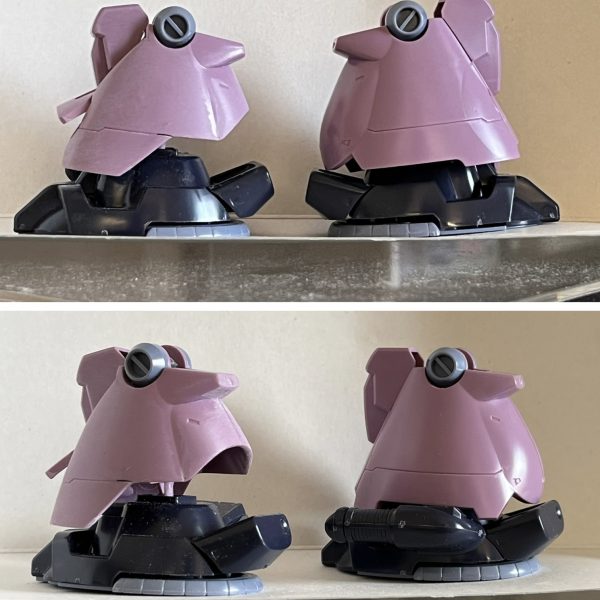 ビフォーアフターです。作品名は「ドムトローペン〜アーティファクト風・ドワッジ仕立て〜」としました😅　美味しく仕上げてゆきたいと思います♪　添付の写真は改造前後の違いです。①ズボンの裾カット・②足の延長・③スカートの裾カット　を行いその上から色々盛ってます。①はアーティファクトのスネの前面曲線や持ち上がった脹脛を意識してます。②もアーティファクトのいかにもスピードが出そうな大きなファバークラフトの足を意識してますが①の前面の曲線を出すと既存の足サイズではつま先がズボンの裾に隠れてしまいバランスが取れませんでした。③は工程が進むにつれ段々違和感を感じ初め（太った人が長ラン?かタキード?着てる様に見えてきました😭）スカートを仕上げる段階でバランスが取れる様に裾をカットしました。（2枚目）