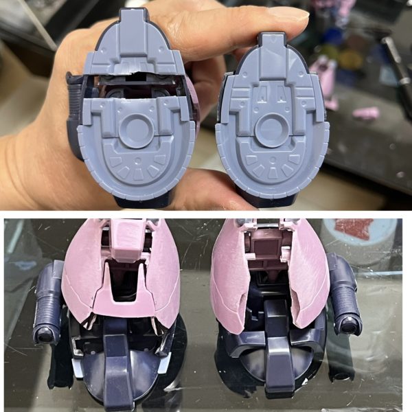 ビフォーアフターです。作品名は「ドムトローペン〜アーティファクト風・ドワッジ仕立て〜」としました😅　美味しく仕上げてゆきたいと思います♪　添付の写真は改造前後の違いです。①ズボンの裾カット・②足の延長・③スカートの裾カット　を行いその上から色々盛ってます。①はアーティファクトのスネの前面曲線や持ち上がった脹脛を意識してます。②もアーティファクトのいかにもスピードが出そうな大きなファバークラフトの足を意識してますが①の前面の曲線を出すと既存の足サイズではつま先がズボンの裾に隠れてしまいバランスが取れませんでした。③は工程が進むにつれ段々違和感を感じ初め（太った人が長ラン?かタキード?着てる様に見えてきました😭）スカートを仕上げる段階でバランスが取れる様に裾をカットしました。（3枚目）