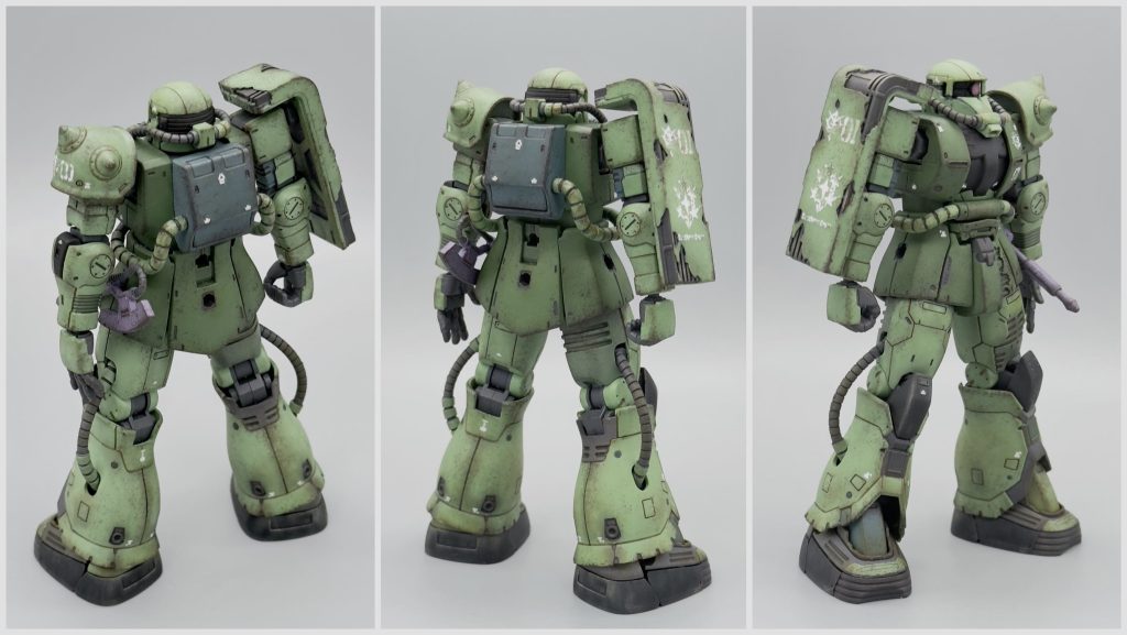 せっかくのダメージモデルなので汚しの練習台になってもらいました。成形色を活かした部分塗装にウェザリングマスターで軽く汚して、スポンジでチッピング(初挑戦)までやりましたが、結構いい感じに仕上がったと思います。