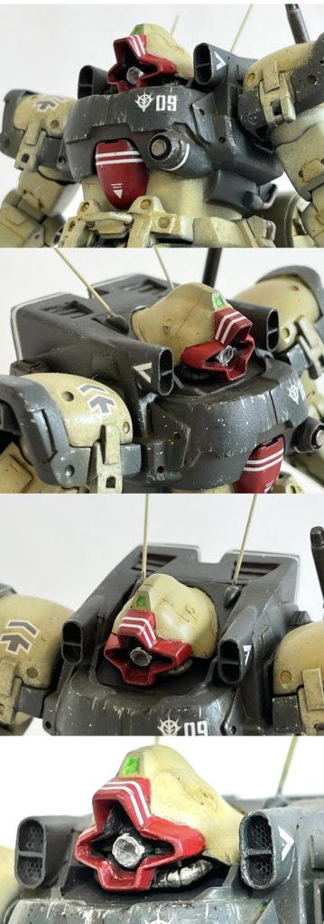 ドワッジのバックパックを参考にしました。両肩の正面にジェット戦闘機をイメージした吸気口を設けました。吸気口内にメッシュのエッジングパーツをはめ込んでます（タミヤ1/35：🇬🇧チャレンジャー戦車エンジングリル）。モノアイは高さを短縮し十字部分をくり抜きモノアイレールを設けてミライトで発光します。