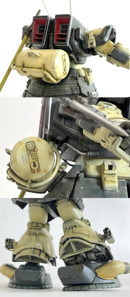 ジオン残党軍をイメージして、露出配管や配線を這わせ現地調達のジャンクパーツでなんとかやり繰りしてる感じやロートル感を出してみたつもりです。両脚の側面に付けているはアクティブ防衛システム（APS）です。散弾を発射し飛来するミサイルやビームを迎撃します。レクイエムではソラリザクがジムのビームを無力化してました。