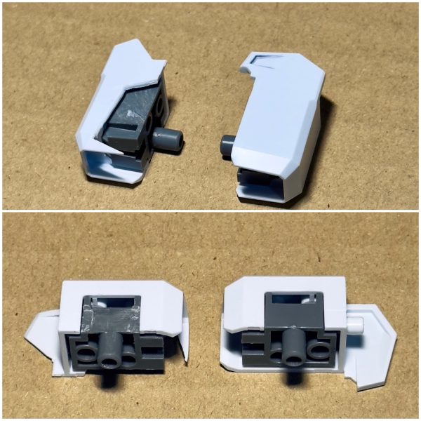 Ξガンダムを小説版イメージで仕上げたい、けどあまり大規模なスタイル改修は辛い… という訳で上半身を中心にピンポイント改修を行いました。まず気になったのは肩幅。ミノフスキーフライトユニットを着込む前提としてもちょっとゴツすぎると感じたので幅詰め工作から始めました。・首の両脇のブロックの内側の干渉部分を切り落として中央寄りに配置・肩の接続位置を内側にずらすため、胴体側のピン、干渉部分を切り落とし・肩の接続軸を切り離して内側に再接着（2枚目）