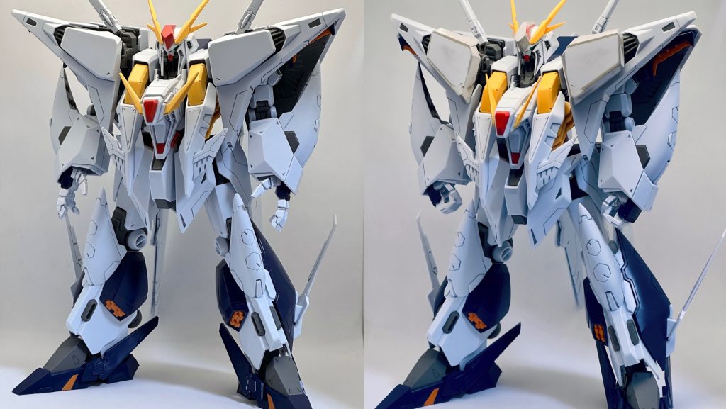 最後にパチ組みスミ入れ状態と改修後の比較。胴体左右のブロックが中央に寄って引き締まった印象に。