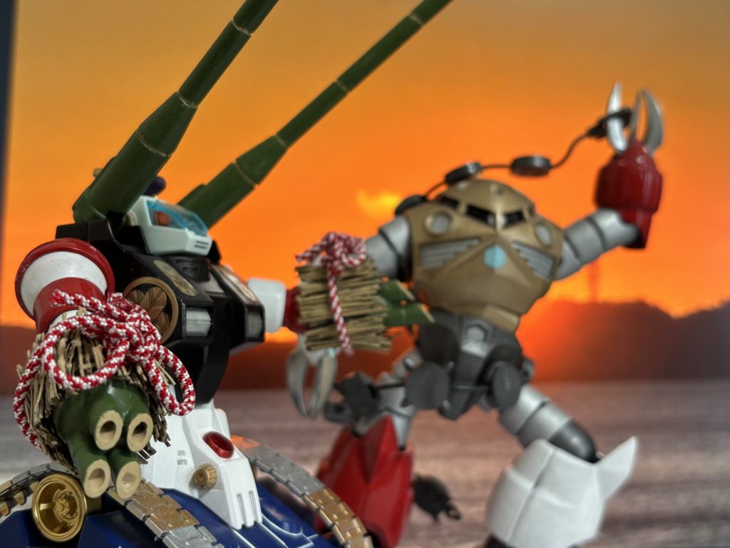 去年の正月に作ったズゴックさんも並べて…