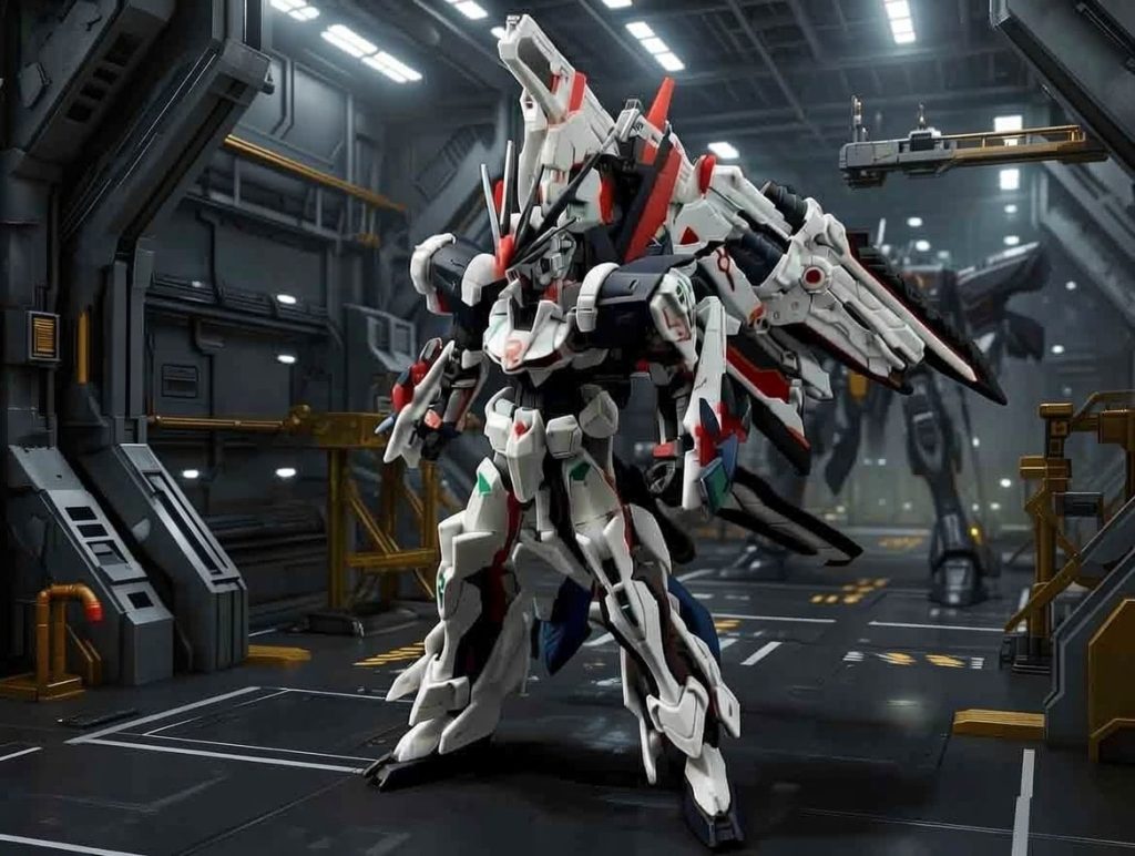 全身を前から。棒立ちなので格納庫背景を指定したら結構綺麗にエフェクトまでかけてくれました