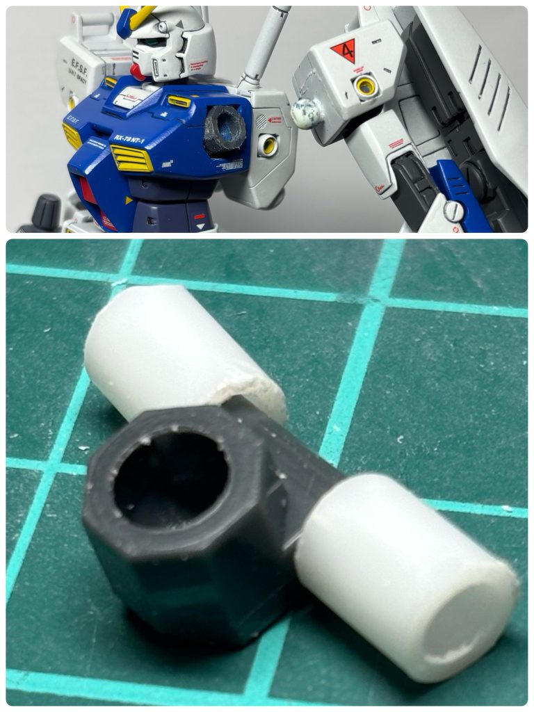 肩関節改造についての追加リヴァイブガンダムのPC❷の型になるように元キットをカットして整形。タミヤ製のプラパイプ5mmをポリキャップの軸受けにします。ボディへの接着はポリパテを用います。ボディ下側から取付けますが、バランスよくなる様にプラ棒を削ったり、ポリパテが固まる前に何度も位置調整しています。胴体側面とポリキャップがツライチになるように調整しています。&nbsp;