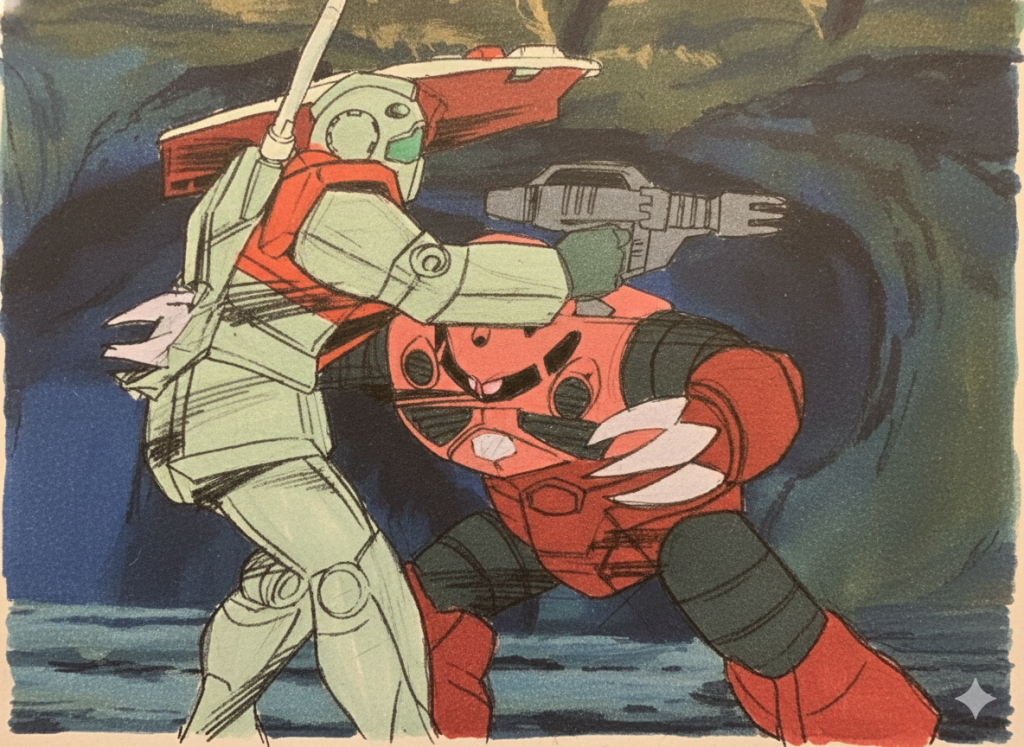 これ見て思ったんよねー。「ん？こうはならんやろ！？ジムの装甲って紙なん？」って…「お腹を貫くなら…やっぱフルパワーでいかんと無理なんちゃう？？」って…。