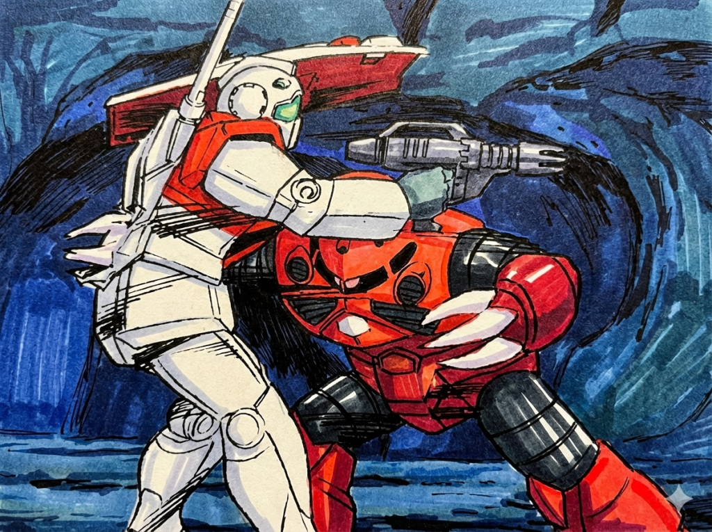 これ見て思ったんよねー。「ん？こうはならんやろ！？ジムの装甲って紙なん？」って…「お腹を貫くなら…やっぱフルパワーでいかんと無理なんちゃう？？」って…。