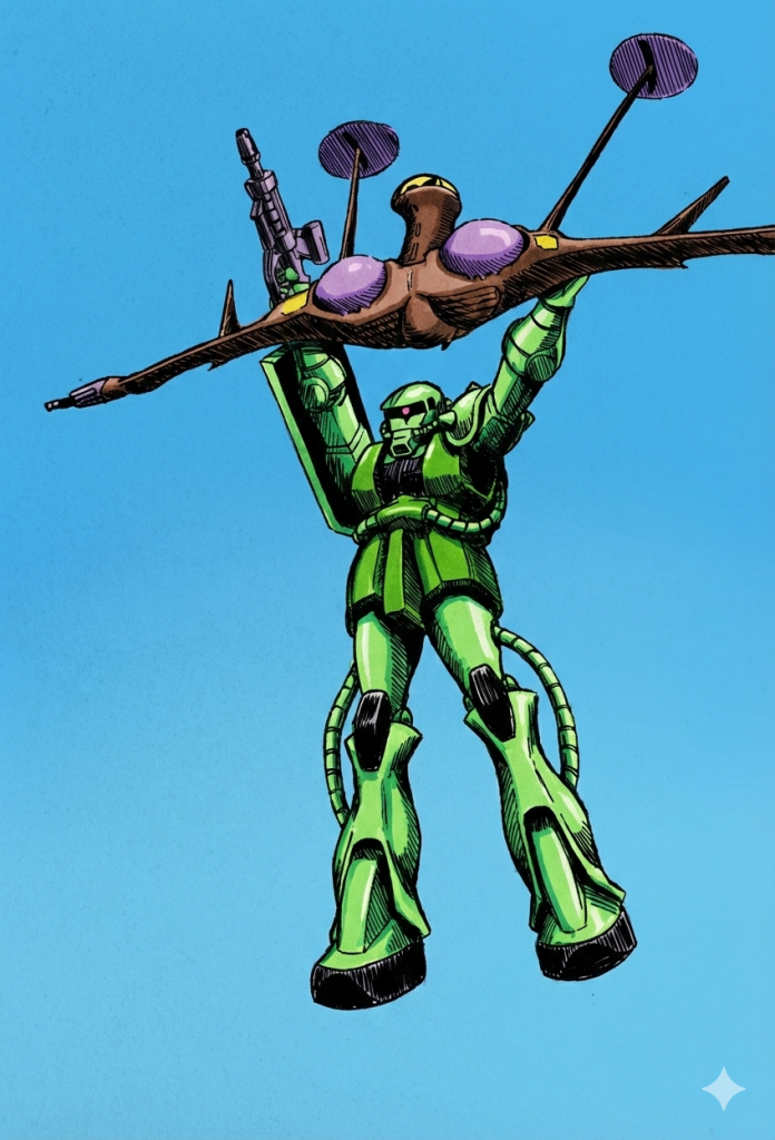 これね、これこれ。またまた思ったわけですよ。「（ドアンの回は作画崩壊気味で、ザクがスリムすぎるとか、鼻が伸びすぎてザクがエロ顔になってるとかは、一旦置いといて…）ジオン、脅威のメカニズム！この小さい機体にどんなエンジン積んだら、全備重量70t越えのザクを吊り下げて飛行できるのよぉ！？70tやで！戦車くらいの重さやで！ミノフスキークラフト、エグいて！」と…&nbsp;