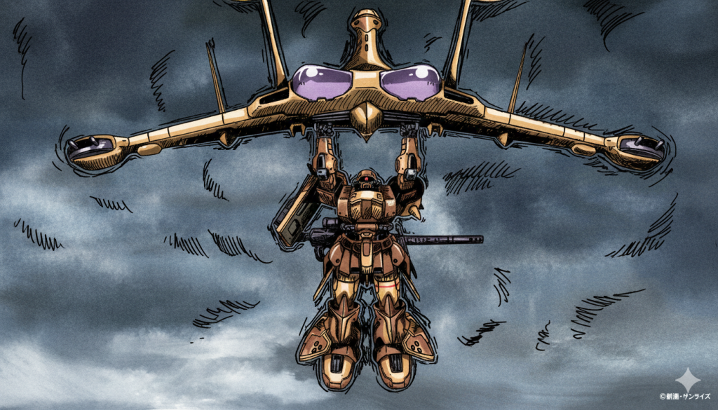 まぁ、仮に「ジオン脅威のメカニズム」でかたづけるとするなら、このルッグンにぶら下がりザクは絵的にはとてもいいよねー。最近Netflixで見たドアンもサザンクロス隊がぶら下がってたし。