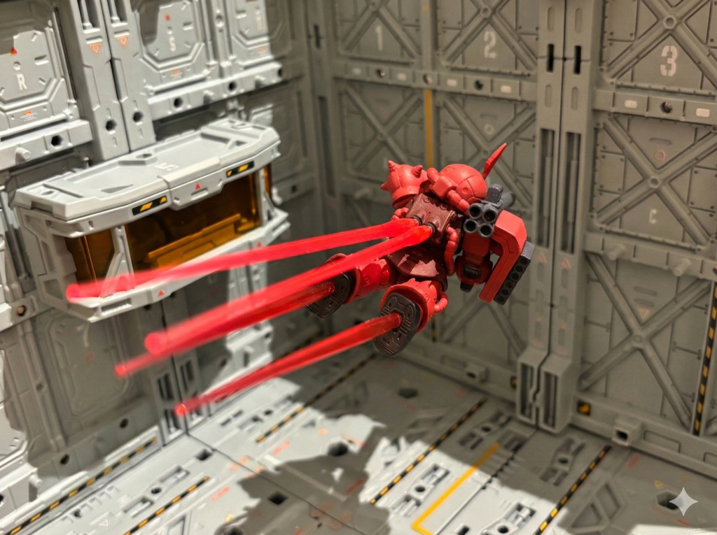 さらに、アニメでド派手やったスラスターの噴射エフェクト。 「これ、どないしたろか?」と悩んだ末、ガンプラのビームサーベルのエフェクトパーツを使いました。ガンダムおじ3は、もっぱらコンバージやし、ガンプラ作らんし、4つも必要やし、しゃーないからメルカリでポチり。届いて付けてみたら、 これがまた、まるであつらえたようにシンデレラフィット!ええやん、ちょっと雰囲気出てるやん!