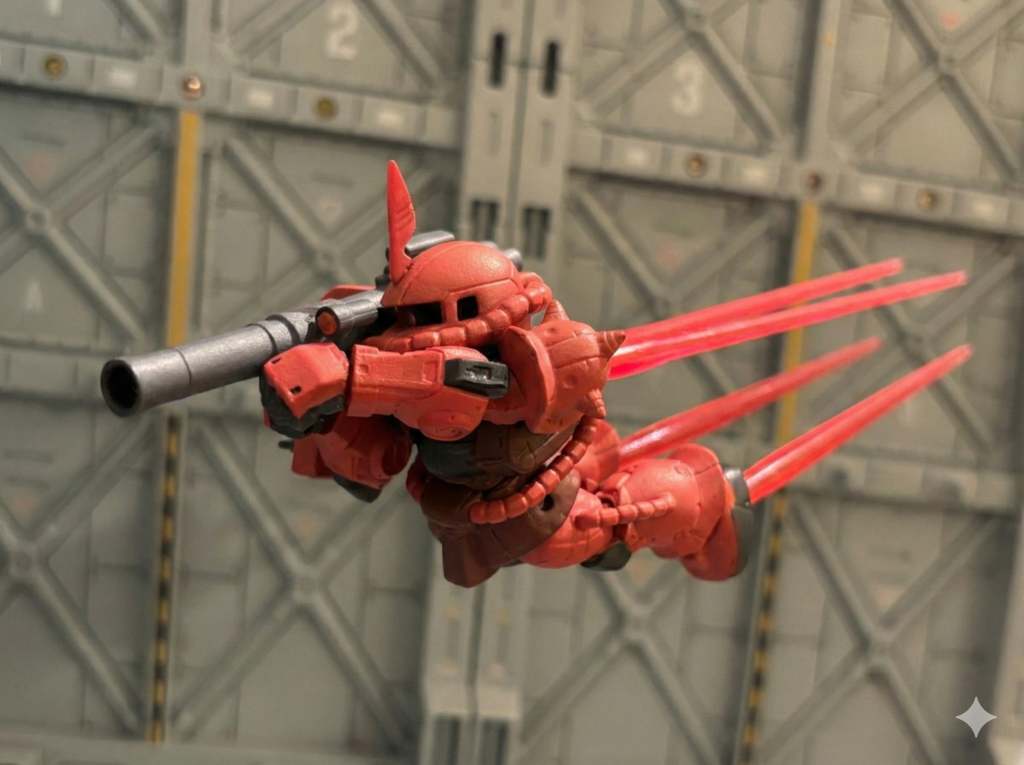 今回は物理的な理屈とか「ミノフスキー粒子が~」なんて野暮な話は一切ナシ! ただ、ただ「最高にイキってるカッコいいシャアザク」をコンバージで再現したろ!というパッション全振りで動きました。