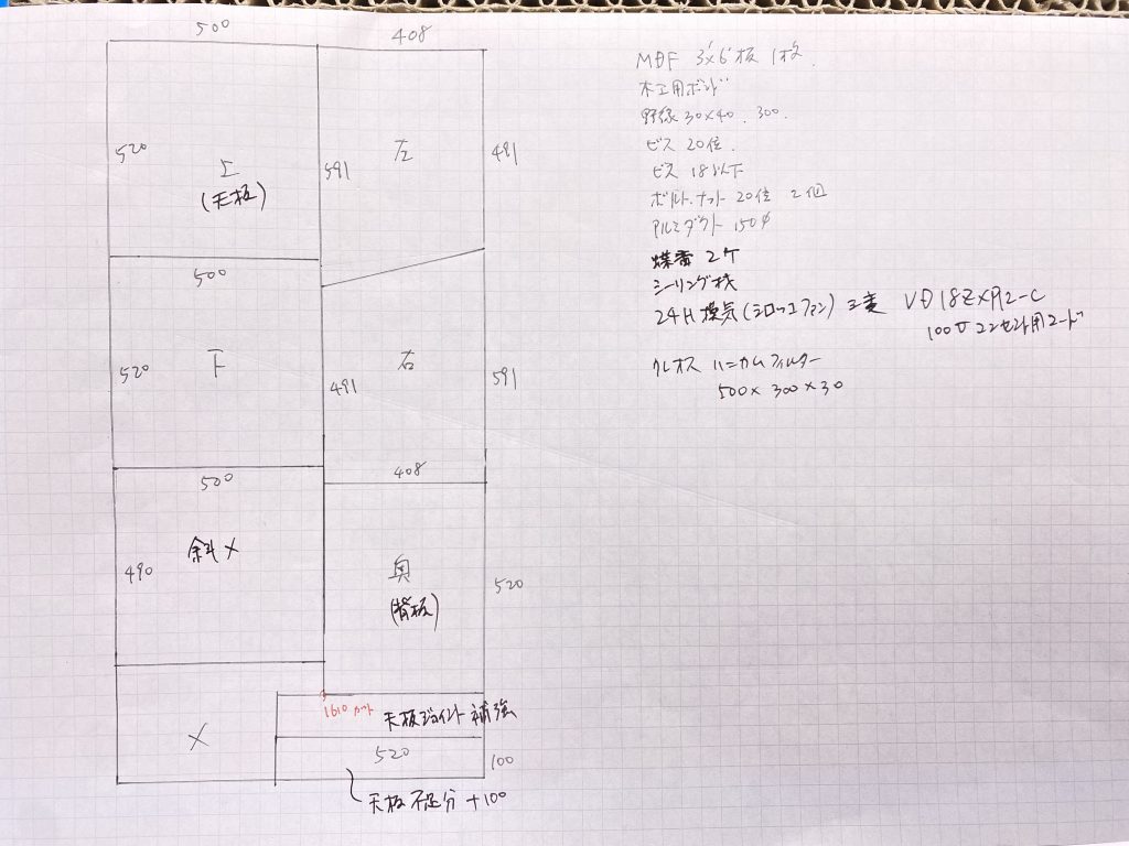 ブースの板割は3’×6’(910×1820)のMDF9mmで収まるようにそして、クレオスのハニカムフィルターが丁度収まるように寸法合わせして考えました