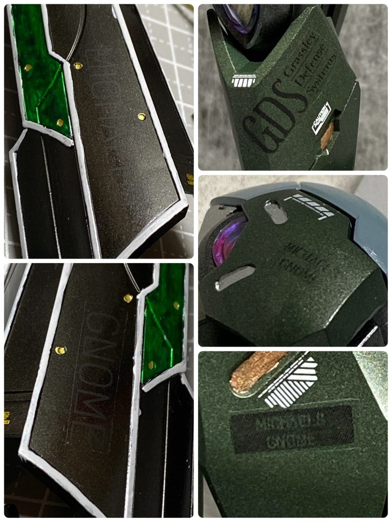 今回は暗めのカラーリングになるので、白インクが出ない自作デカールはともかく目立ちにくいですが、一応いつもと同じく貼ってあります。