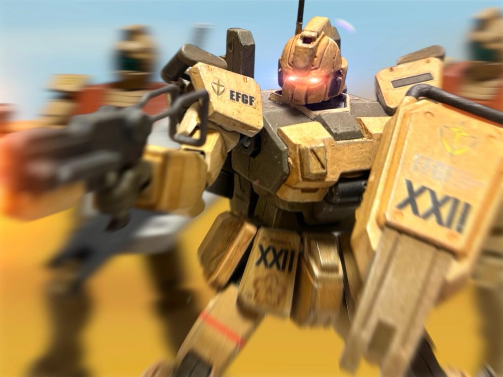 #12から登場。本当にすごく気に入っているのに、まったく活躍させられず退場しました笑EZ-SRエリミネーターの頭がすごく気に入って作りました。ボディはEz8まんまですが、関節やバックパックをオリーブドラブにしてみました。（他の機体は基本的に焼鉄色）メインカラーのセールカラーも、微妙に濃さのちがう２色を使っています。&nbsp;&nbsp;お気に入り作品その５　ジムストライカー