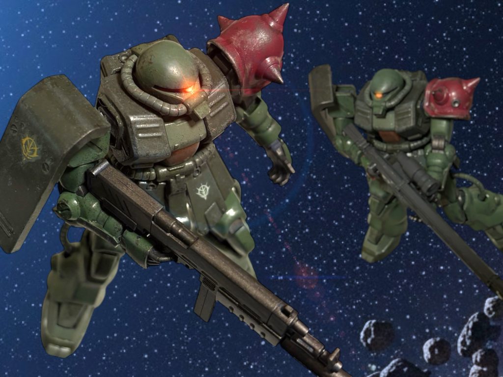 『何してた、２種配備なのに。』　遅れて宙域に出てきたマイロに、アビーは不機嫌な声をぶつけてくる。「敵は？」　質問には応えず、マイロは機体を並べ、状況を確認する。『有視界では確認できない。たぶん、サラミス。』応えるのは、イアンだ。「一隻か？」　マイロは小隊の上官である２人に、敬語を使わない。自分こそが隊を引っ張るエースであるという自覚が、そうさせるのか、あるいは性格なのか。『一隻だ。護衛にMSはついているだろうが。』「”カモ”だな。」　マイロは、装備した対艦ライフルを構え直す。「第３小隊とアビーでMSを請け負ってくれ。俺とイアンでサラミスを叩く。」『言われなくても。』アビーの不機嫌な声だ。既に同じ発想で、第３小隊と打ち合わせてある。『だから急いで呼んだんだろ。』『だがな。』イアンが冷静な声で二人を制する。『停戦信号を出してるらしい。』ミノフスキー粒子のせいでよく分からんが、とイアンは呟く。『戦う気がないかもしれん。終戦だなんだと、微妙な空気もある。接敵後の動き、十分気を付けろ。』