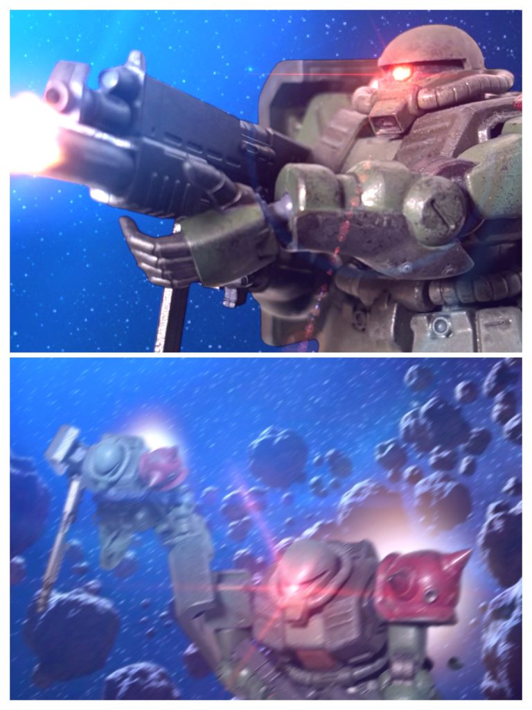 　赤く塗られた左肩を、鈍く光らせながら、アビゲイル・エイジャー中尉率いる”レッドショルダー隊”が先行する。『見えた。』　アビーは呟くと、マシンガンの銃口下のランチャーから、発光弾を放つ。　ここは、ジオンの領空である——。　そのことを示す、青白い光を堺にするように、ジオンと連邦、双方は一度、その進行を止めた。　マイロとイアンは、激しい発光に隠れるように、友軍の進行方向から大きく機体を逸らし、戦艦や機体の残骸で出来たデブリ帯に身を潜めた。『……う気はな………リア……たを聞……』　サラミスから、何か通信が送られているようだが、戦闘濃度のミノフスキー粒子のせいでよく聞き取れない。宙域には、連日ジオンがミノフスキー粒子をばら撒き続けている。おそらくオープン回線だが、ジオンと連邦ではうまく周波数が合わないのだろう。