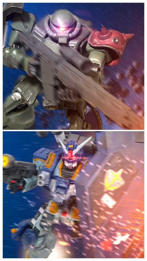 「ガンダムか！！」やはり、まだ飛び回っている。第３小隊のザクが２機、ビームに貫かれた。　マイロは、ライフルをガンダムに向けて放つ。機体に直撃しなくとも、傍で徹甲弾が炸裂するので、ダメージを与えられる。だが、炸裂した弾頭は敵機に大したダメージを与えなかった。ガンダムは分厚いシールドを装備し、防御姿勢を取っている。随伴しているジムはかなり後方に距離をとっていて届かない。　ガンダムは向きを変えると、マイロのザクに殺到する。近づかれると、対艦ライフルでは戦いにくい。マイロはすぐにライフルを捨て、腰にマウントしていたヒートホークを構えた。