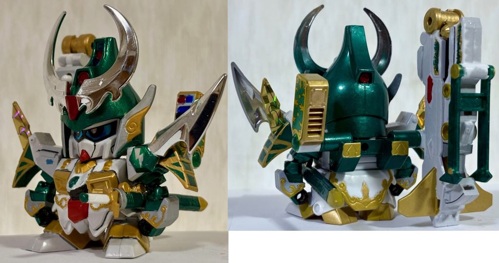 フロントビューとリアビュー。取説についてるキャラ設定によれば高貴な家柄の出身で言葉遣いがとても丁寧だが、クールでタカビーな性格が災いしてたまに仲間の反感を買う事があるという。工芸品のような鎧やゴージャスな装飾は見る者を圧倒する効果があるらしい。ちなみに彼は二代目大将軍（本名：雷凰頑駄無）の生まれ変わりらしい。発売当時（1994年）のキットなので、白い成形色が若干日焼けしていたが、塗装でカバーできた。この頃のBB戦士のウリであるプリズムシールや兜飾り、閃光結晶（ビームクリスタル）のメッキはきれいなままを保っており今見ても500円とは思えないほど豪華である。