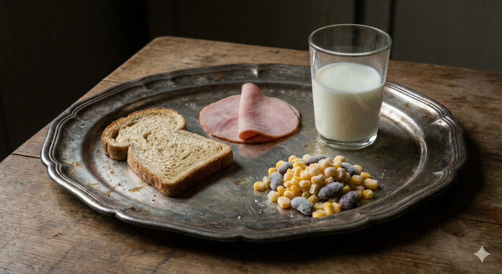 　サラは、持っていたトレーを差し出した。乾きかけたパンが一切れと、薄いハムが２枚。あとは、冷凍のコーンとビーンズが少々と、コップ半分のミルク。　トレーを見て、