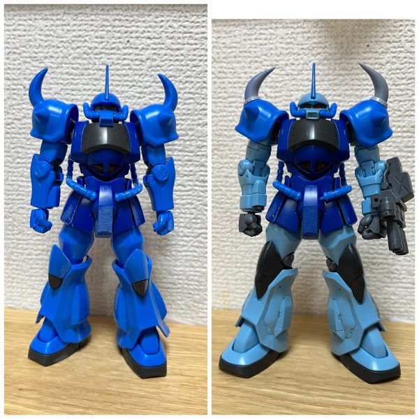 ミキシングのビフォー・アフター。肩はリバイブのほうが小さくて自分好み。肩のとげとげはプラ棒をつけて削って尖らせました。スタイル改修箇所・首を延長・太ももを幅増し・腰・膝関節にポリキャップを挟んで延長・左腕の三連ガトリングの接続位置を調整その他の改造箇所・シールド　グフカスタムのは小さいので、リバイブ版を採用。ヒート剣がさせるように裏の部品を移植・右上の前腕にあるヒートロッドは銃持ちでジャマなので腕の後ろ側に移植・マシンガンを切った張ったで改造。ドムトローペンのをベースにストック部を陸戦型ジムのものと交換。銃身を切り詰めて、サプレッサーを付けた（1枚目）