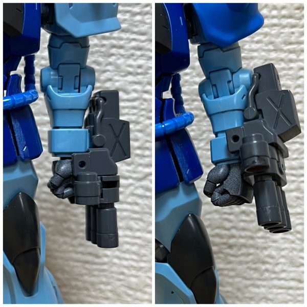 ミキシングのビフォー・アフター。肩はリバイブのほうが小さくて自分好み。肩のとげとげはプラ棒をつけて削って尖らせました。スタイル改修箇所・首を延長・太ももを幅増し・腰・膝関節にポリキャップを挟んで延長・左腕の三連ガトリングの接続位置を調整その他の改造箇所・シールド　グフカスタムのは小さいので、リバイブ版を採用。ヒート剣がさせるように裏の部品を移植・右上の前腕にあるヒートロッドは銃持ちでジャマなので腕の後ろ側に移植・マシンガンを切った張ったで改造。ドムトローペンのをベースにストック部を陸戦型ジムのものと交換。銃身を切り詰めて、サプレッサーを付けた（5枚目）