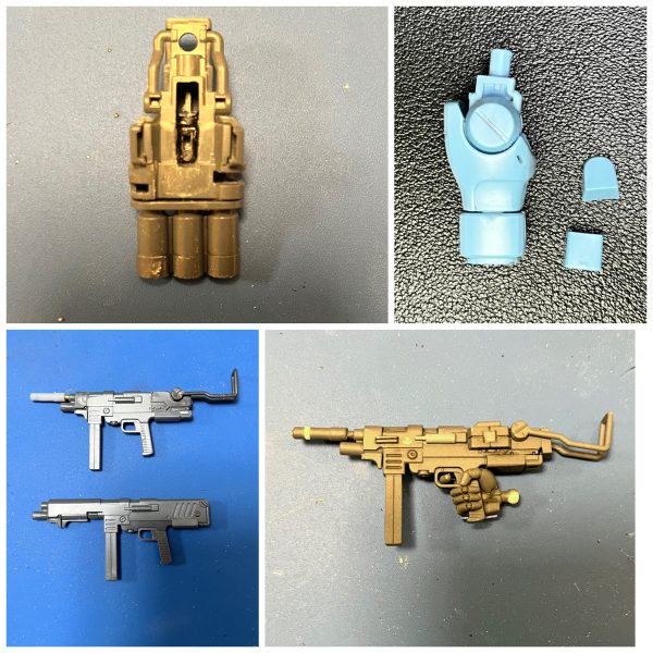 ミキシングのビフォー・アフター。肩はリバイブのほうが小さくて自分好み。肩のとげとげはプラ棒をつけて削って尖らせました。スタイル改修箇所・首を延長・太ももを幅増し・腰・膝関節にポリキャップを挟んで延長・左腕の三連ガトリングの接続位置を調整その他の改造箇所・シールド　グフカスタムのは小さいので、リバイブ版を採用。ヒート剣がさせるように裏の部品を移植・右上の前腕にあるヒートロッドは銃持ちでジャマなので腕の後ろ側に移植・マシンガンを切った張ったで改造。ドムトローペンのをベースにストック部を陸戦型ジムのものと交換。銃身を切り詰めて、サプレッサーを付けた（4枚目）