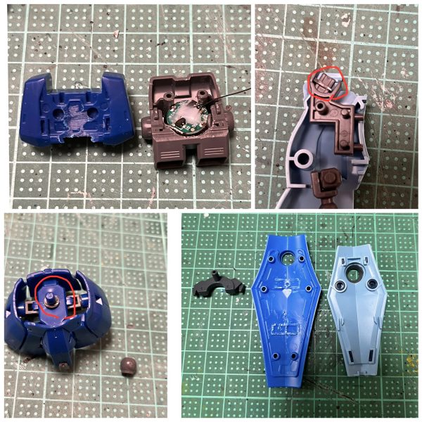 ミキシングのビフォー・アフター。肩はリバイブのほうが小さくて自分好み。肩のとげとげはプラ棒をつけて削って尖らせました。スタイル改修箇所・首を延長・太ももを幅増し・腰・膝関節にポリキャップを挟んで延長・左腕の三連ガトリングの接続位置を調整その他の改造箇所・シールド　グフカスタムのは小さいので、リバイブ版を採用。ヒート剣がさせるように裏の部品を移植・右上の前腕にあるヒートロッドは銃持ちでジャマなので腕の後ろ側に移植・マシンガンを切った張ったで改造。ドムトローペンのをベースにストック部を陸戦型ジムのものと交換。銃身を切り詰めて、サプレッサーを付けた（3枚目）