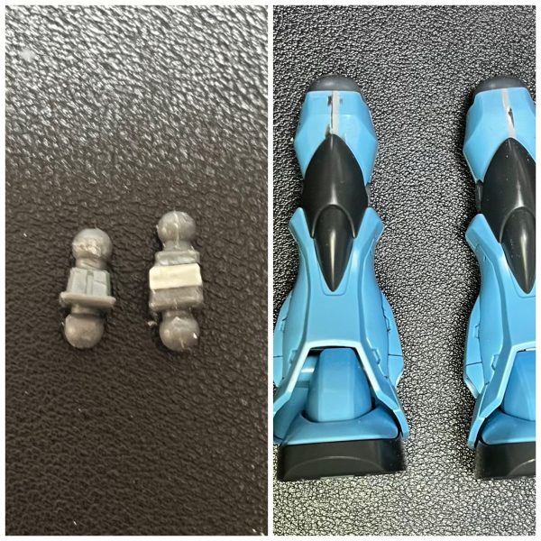 ミキシングのビフォー・アフター。肩はリバイブのほうが小さくて自分好み。肩のとげとげはプラ棒をつけて削って尖らせました。スタイル改修箇所・首を延長・太ももを幅増し・腰・膝関節にポリキャップを挟んで延長・左腕の三連ガトリングの接続位置を調整その他の改造箇所・シールド　グフカスタムのは小さいので、リバイブ版を採用。ヒート剣がさせるように裏の部品を移植・右上の前腕にあるヒートロッドは銃持ちでジャマなので腕の後ろ側に移植・マシンガンを切った張ったで改造。ドムトローペンのをベースにストック部を陸戦型ジムのものと交換。銃身を切り詰めて、サプレッサーを付けた（2枚目）