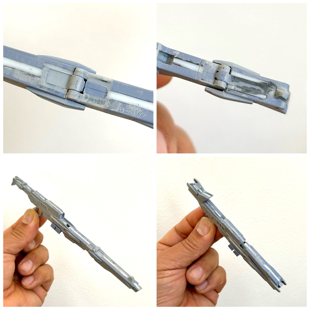 実はじつは… &nbsp;本体の何倍も苦労したのがこの武装でして😩素組みのときはさほど気になって無かったんですが、身体全体をボリュームアップしたら、武装が貧弱😔 &nbsp;で、合わせ目部分で2mmほど増してやろうと手をつけたんですが… &nbsp; これが大失敗😱あら😳？ &nbsp;このヒンジ部分どうすんのよ😱⁉️…となり更に… &nbsp; えっ❗️ &nbsp;マジか⁉️ &nbsp; これ… ABS😱😱😱いや〜 まぁ苦労しましたわ😰